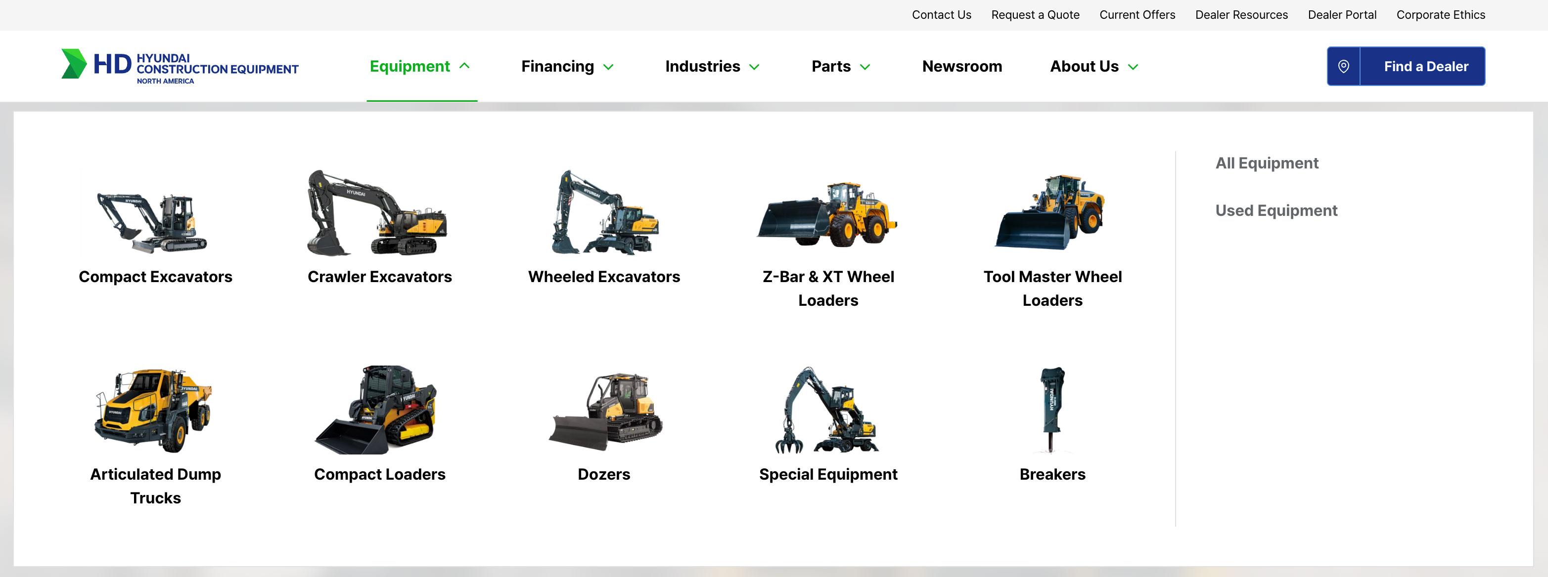 Hyundai Construction Equipment Website - Mega Menu