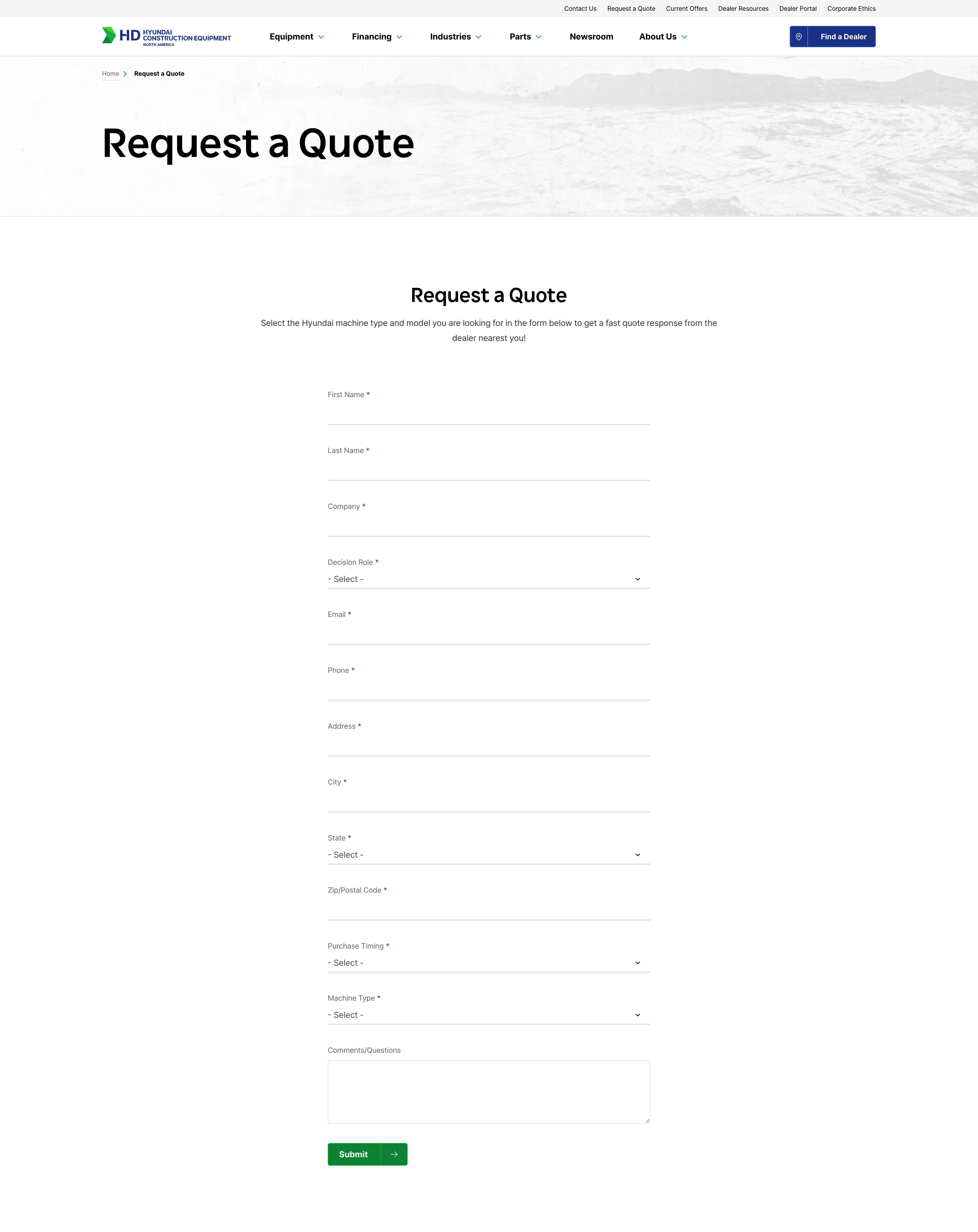 Hyundai Construction Equipment Website - Request a Quote