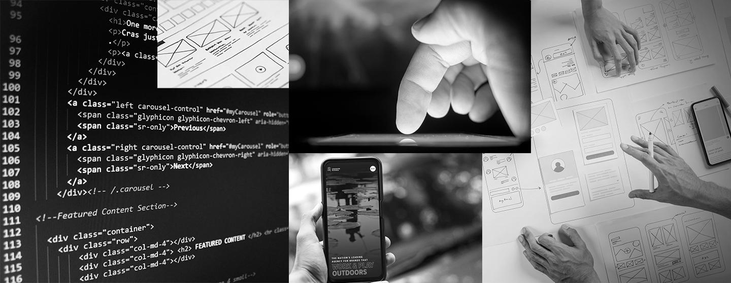 A collage of web development related images including coding, wireframing, and touch devices.