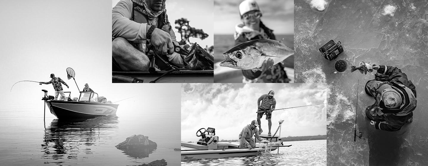 A collage of fishing images including boats on the water, close-ups handling fish, and overhead ice fishing.