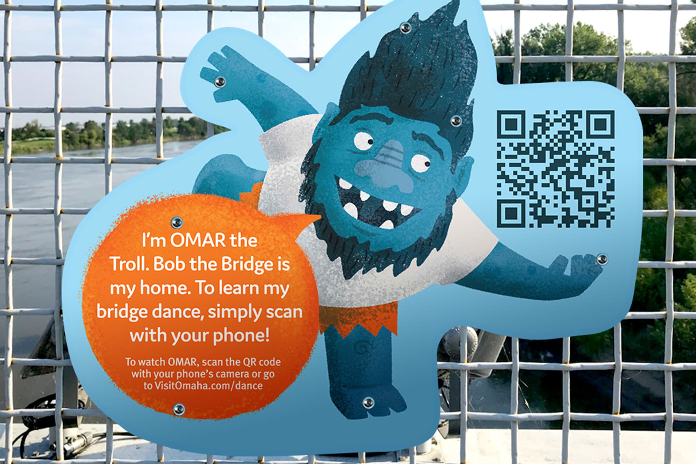 Omar the Troll scannable QR sign on bridge