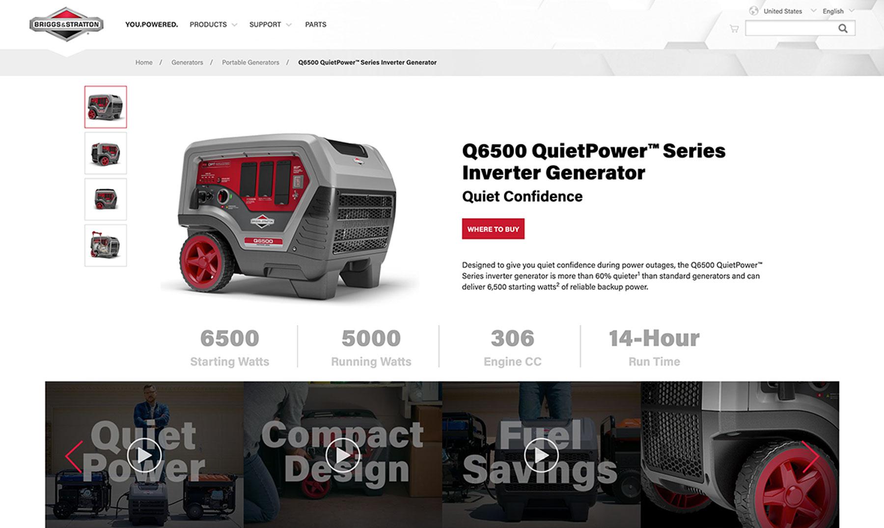 Briggs & Stratton website landing page with generator