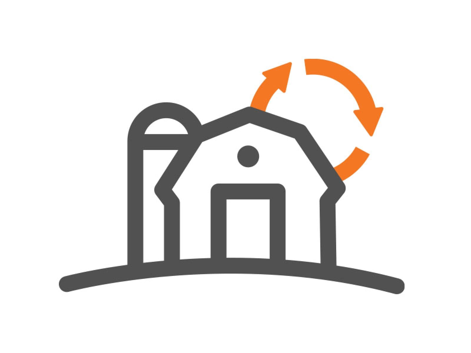 Grey and orange barn icon.